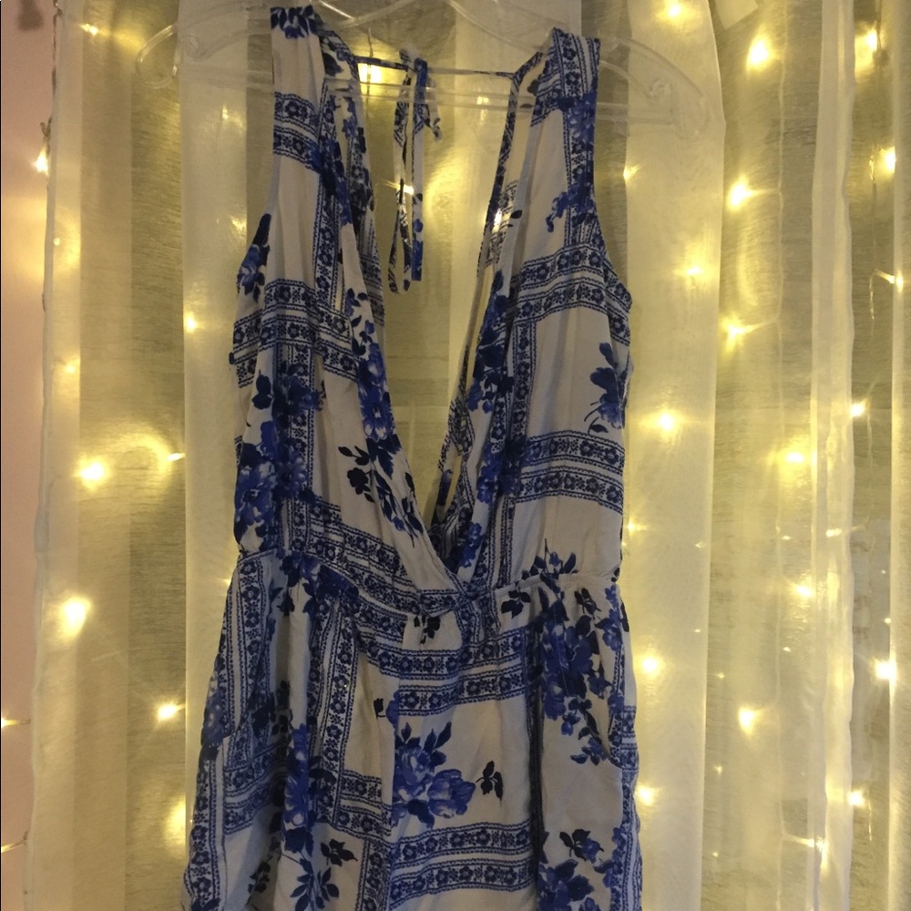Blue and white floral romper